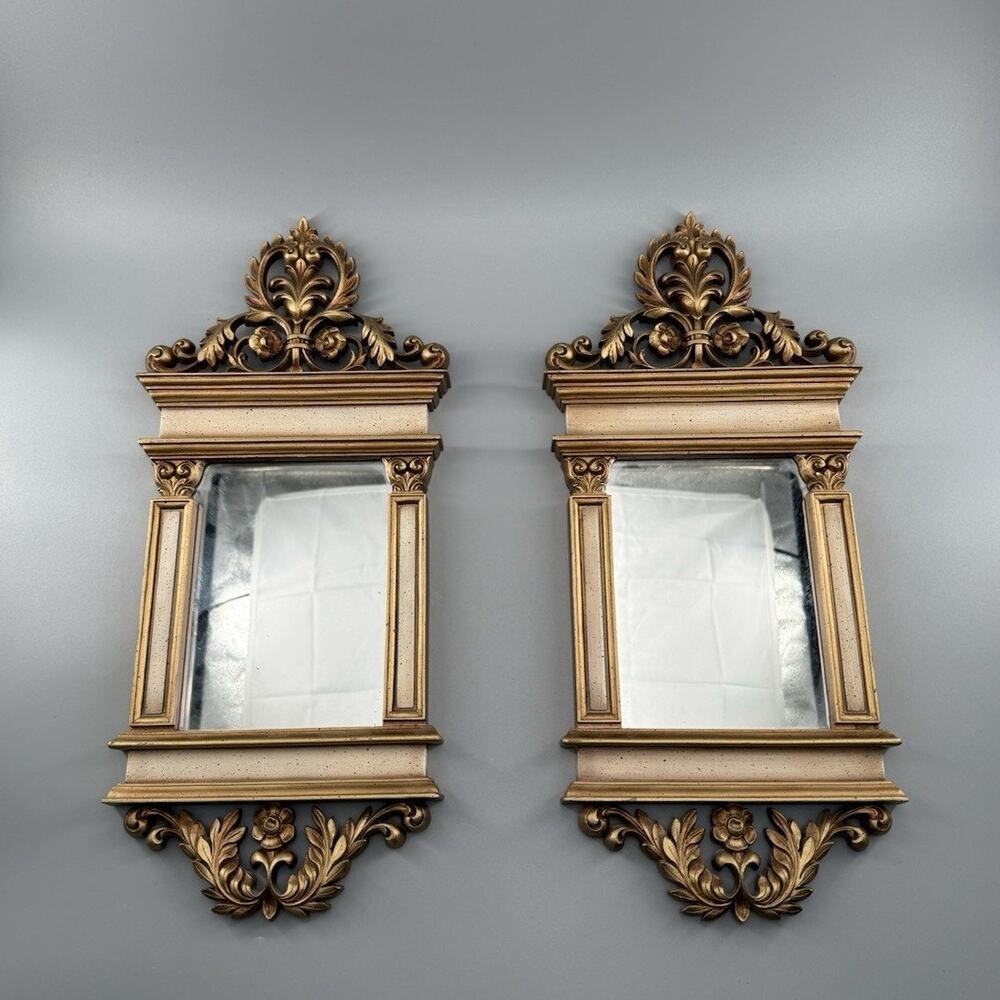 Vintage Syroco Mirror Pair Gold Ornate Floral Wall Decor Hollywood Regency#2606